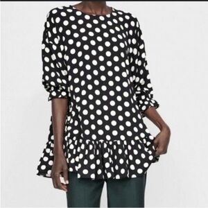 Zara Basic Oversized 3/4 Sleeve Peplum Ruffle Hem Polka Dot blouse size XL